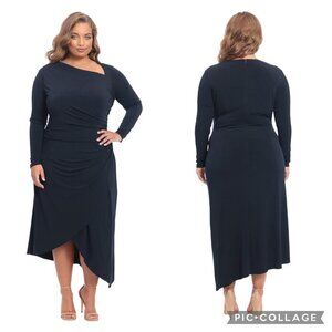 Maggy London Asymmetric Neck & Hem Jersey Knit Midi‎ Dress Navy Blue 20W